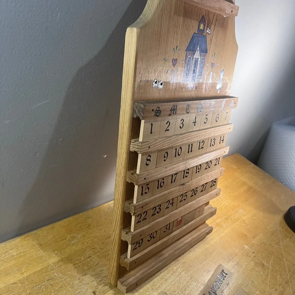 Vtg Hand Painted Wooden Perpetual Calendar Schoolhouse Folk Art Wall Hanging